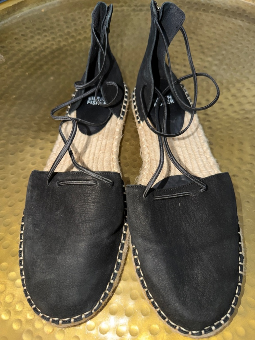 Eileen Fisher Black Leather Lace-Up Espadrilles